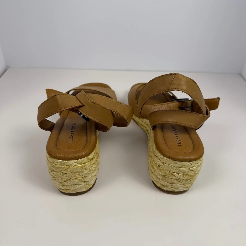 Lucky Brand Boho Minimalist Womens Espadrille Wedge Sandals Tan Leather